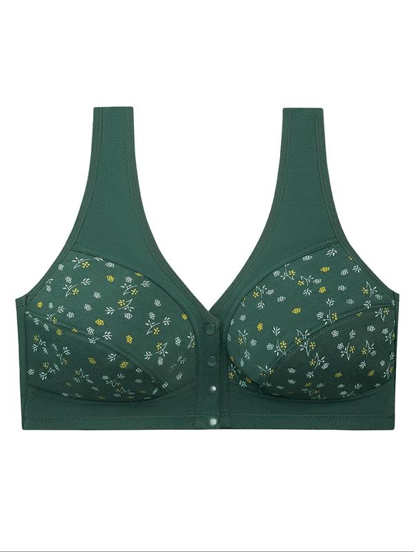 Plus Size Floral Print Button Front Bra, Comfy Breathable Wireless Bralette, Women's Plus Size Lingeries for All Seasons
